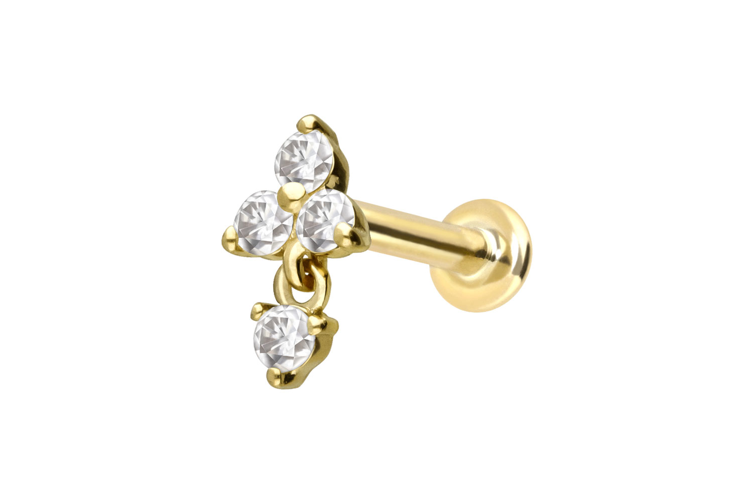 14 Karat Gold Labret Piercing mit Innengewinde MOISSANIT-BLUME + MOISSANIT